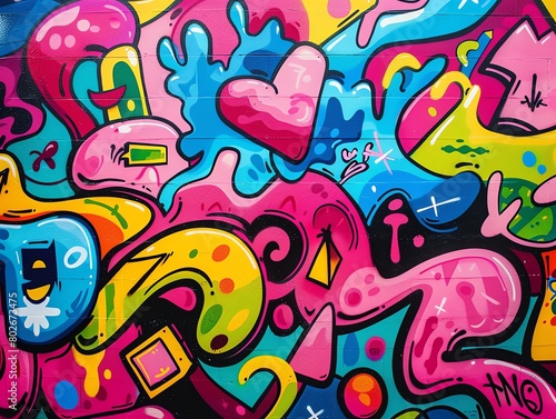 This is a photo of graffiti on a wall. The graffiti is colorful and abstract  and it appears to be made up of a variety of shapes and symbols.