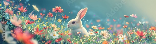 Cute bunny rabbit in a field of flowers. photo