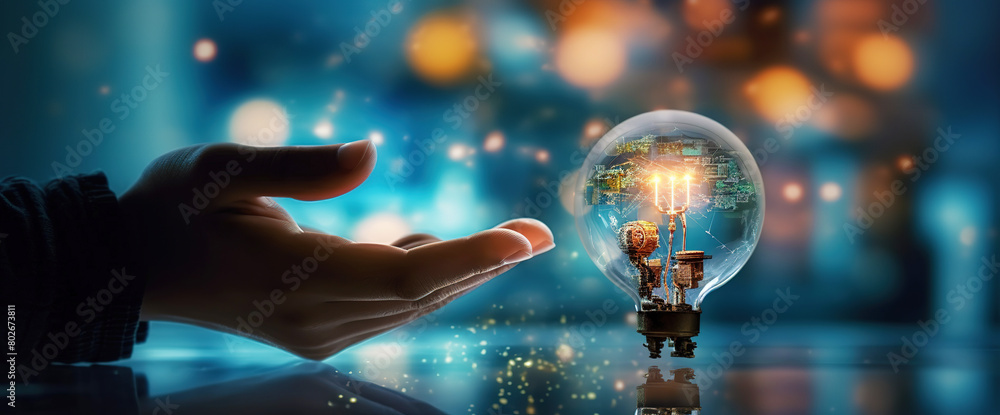 person pointing her hand at an artificial light bulb on it, in the style of futuristic robots,  bokeh 