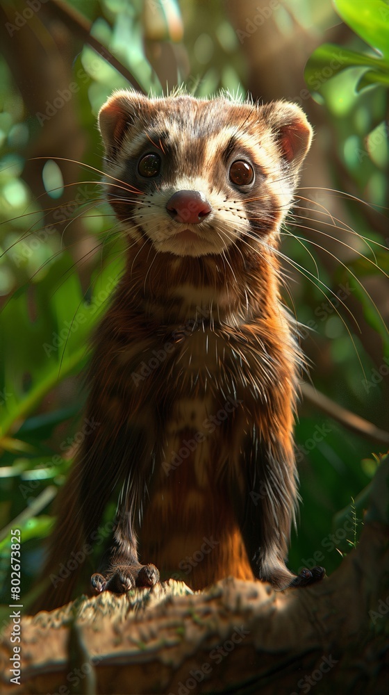 A cute and curious ferret standing on a branch in the forest. A cute and curious ferret standing on a branch in the forest.