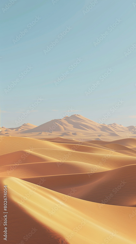 A surreal desert landscape with towering sand dunes sculpted by the wind, stretching as far as the eye can see under a cloudless sky