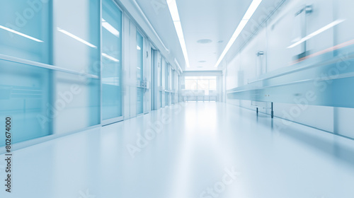 Long hospital bright corridor with rooms and seats 3D rendering