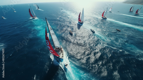 Regatta sailing ship yachts with white sails at opened sea. Aerial view of sailboat in windy condition. photo