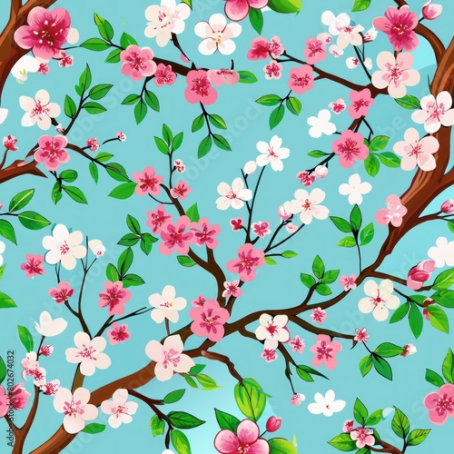 Seamless pattern of blooming cherry blossoms adorning branches  Generative AI