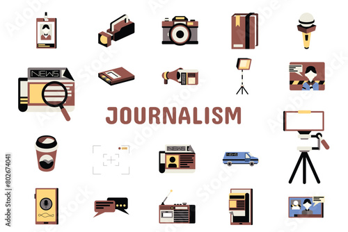Journalism Flat Vector Illustration Icon Sticker Set Design Materials