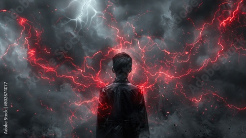 A man standing stoically in front of a dark, ominous backdrop, with bursts of rage shown as chaotic flashes of bright red emanating from his silhouette photo