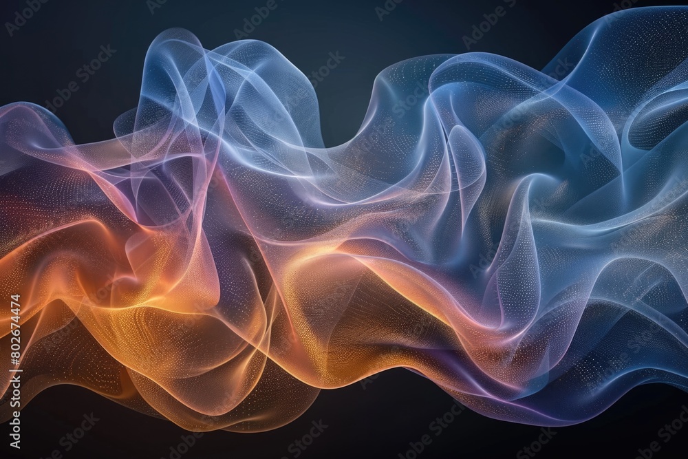 A dynamic wave of blue and orange smoke swirls against a black backdrop, creating a vibrant and mesmerizing visual spectacle A dynamic wave of blue and orange smoke swirls against a black backdrop, creating a vibrant and mesmerizing visual spectacle