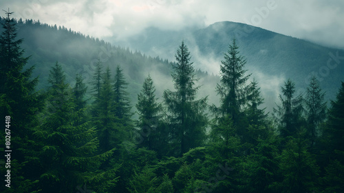 Pine tree forest with a view of the back of the mountain and a cloudy sky  smoky and wet because of the rain