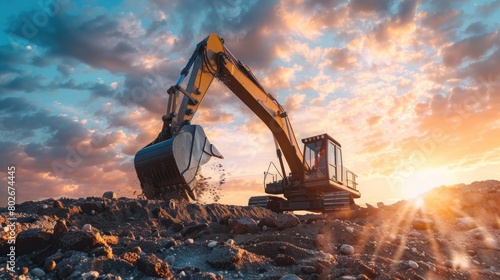 Generate an evocative 3D rendering of an excavator at work against the stunning backdrop of a sunset