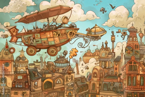 Cartoon cute doodles of a whimsical steampunk cityscape, where adorable characters ride steam-powered bicycles and airships through bustling streets, Generative AI