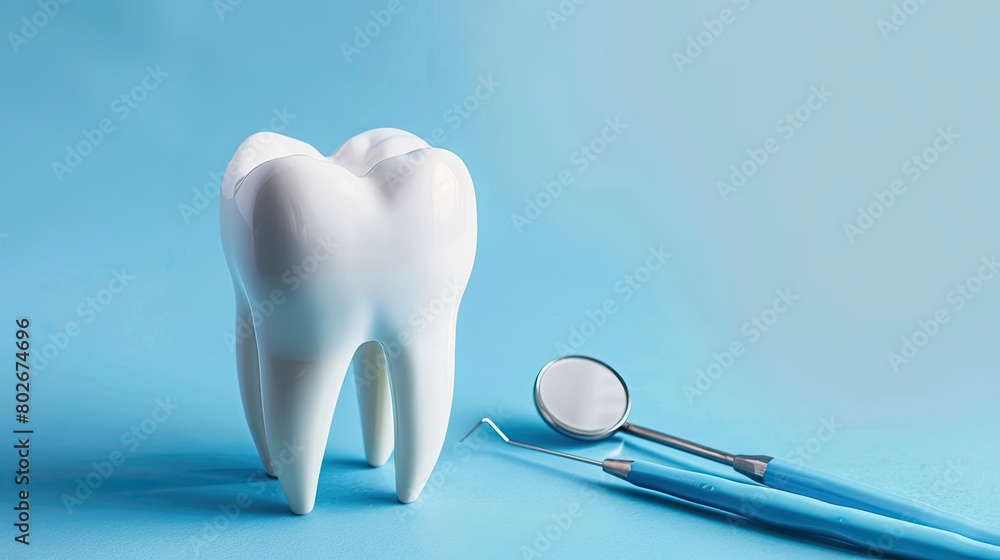3d dentist examination poster with copy space, blue background, free space.