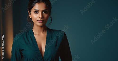 An indian Young girl model wearing teal color dress with dark background, studio photography, free space onright side
