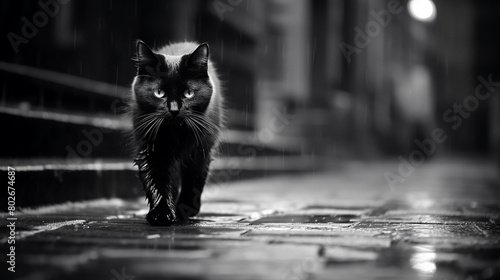 Fototapeta Naklejka Na Ścianę i Meble -  A wet black cat on the street after the rain