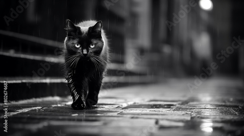 A wet black cat on the street after the rain photo