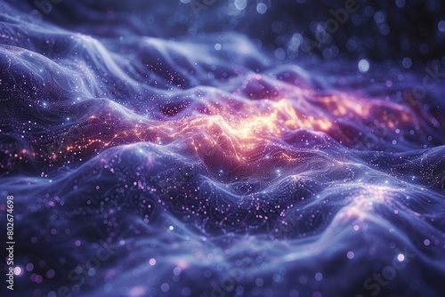 Computer-generated waves and stars create a mesmerizing display of movement and illumination in a colorful composition