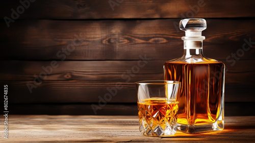 Whiskey with ice or brandy or rum in glass on rustic background. Whiskey or brandy. Selective focus. Rum with ice on wooden background.