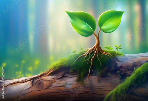 A seedling growing in the center of a dead tree trunk photo