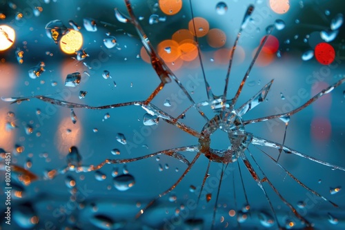 A broken windshield covered in raindrops, reflecting the shattered glass and the droplets on its surface