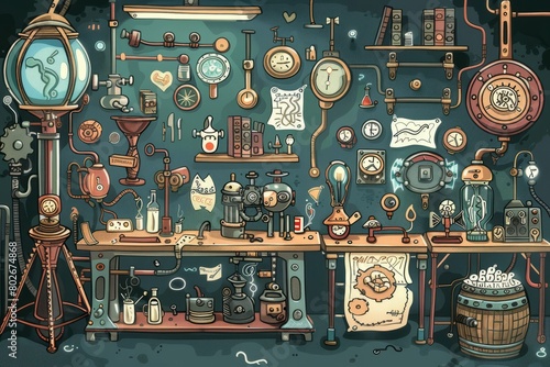 Cartoon cute doodles of an eccentric steampunk inventor's workshop, where characters tinker with fantastical gadgets and gizmos powered by steam and gears, Generative AI