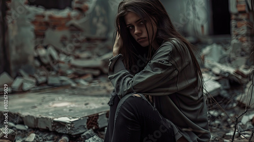 girl sitting in ruins, wearing torn clothes, immersed in sadness. The surroundings and her clothing are in dark