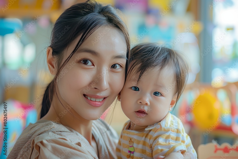 Portrait of a joyful mother holding her baby in a colorful playroom, both smiling happily towards the camera. Portrait of a joyful mother holding her baby in a colorful playroom, both smiling happily towards the camera.