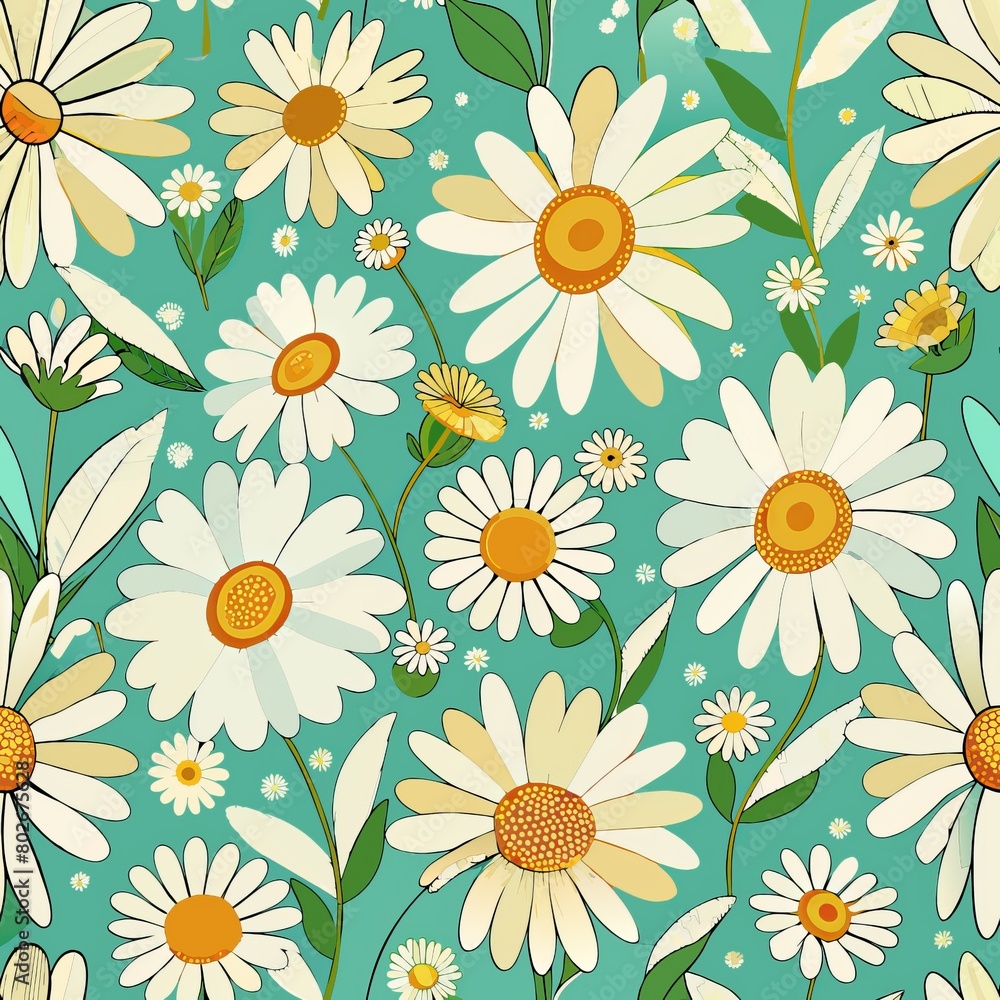 Obraz premium Seamless pattern of cheerful daisies blooming in sunny fields, Generative AI