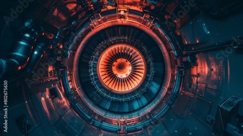 A detailed close-up of a jet engine showcasing the intricate internal machinery and vibrant orange glow.