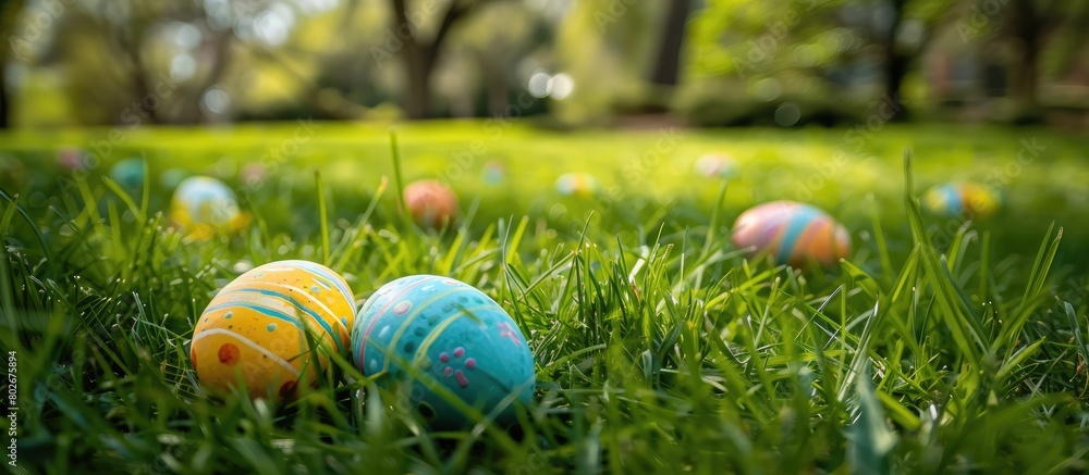 Easter eggs resting on verdant grass symbolize the arrival of spring festivities.