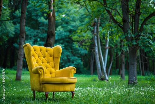 Vintage yellow chair on green grass with trees on background - generative ai
