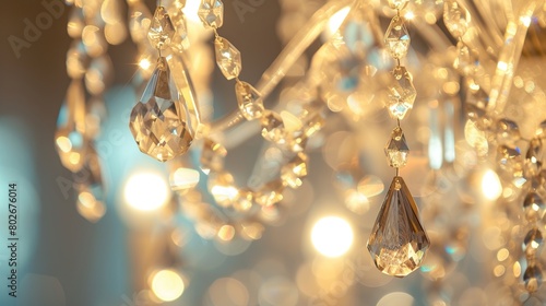 Closeup crystal pendants of the chandelier, blur background, glamor background. AI Generative