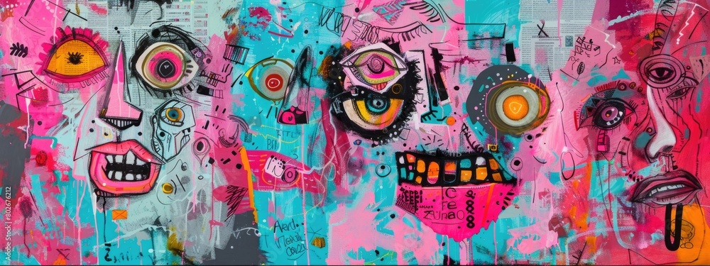 Obraz premium Neon Pop Faces, Abstract Art, Graffiti Influence, Urban Expressionism, Mixed Media Masterpiece