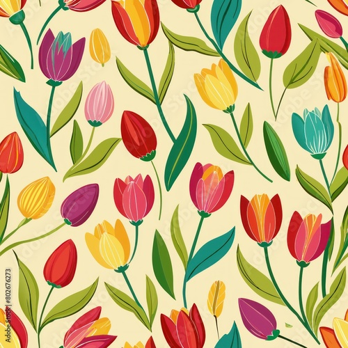 Seamless pattern of colorful tulips swaying in a spring breeze  Generative AI