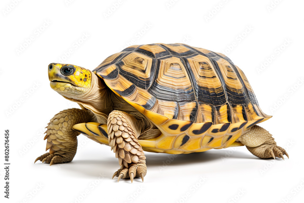 Fototapeta premium Image of radiated tortoise (Astrochelys radiata) on a white background. Reptile. Illustration, Generative AI.