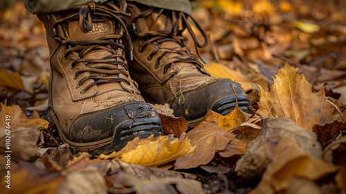 A pair of boots covered in dried leaves exemplifying the crunch and texture of autumn foliage..