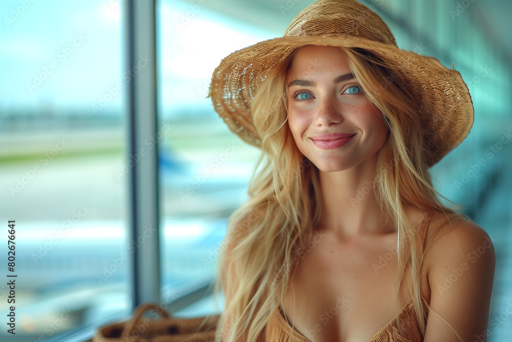 A blonde woman wearing a straw hat and a yellow dress is smiling