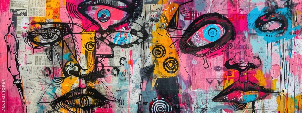 Obraz premium Vibrant Portrait Collage, Neon Faces, Abstract Art, Graffiti Influence, Contemporary Design