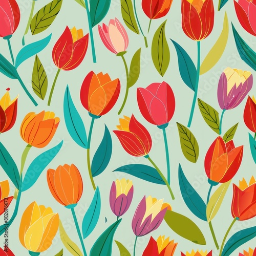 Seamless pattern of colorful tulips swaying in a spring breeze  Generative AI