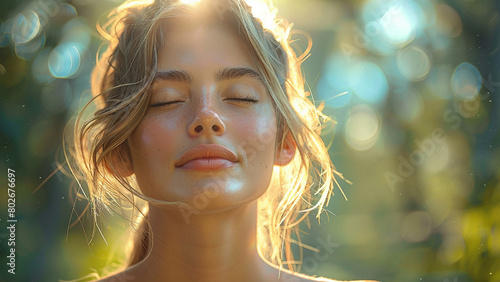 Portrait of a beautiful young woman with closed eyes in the sunlight