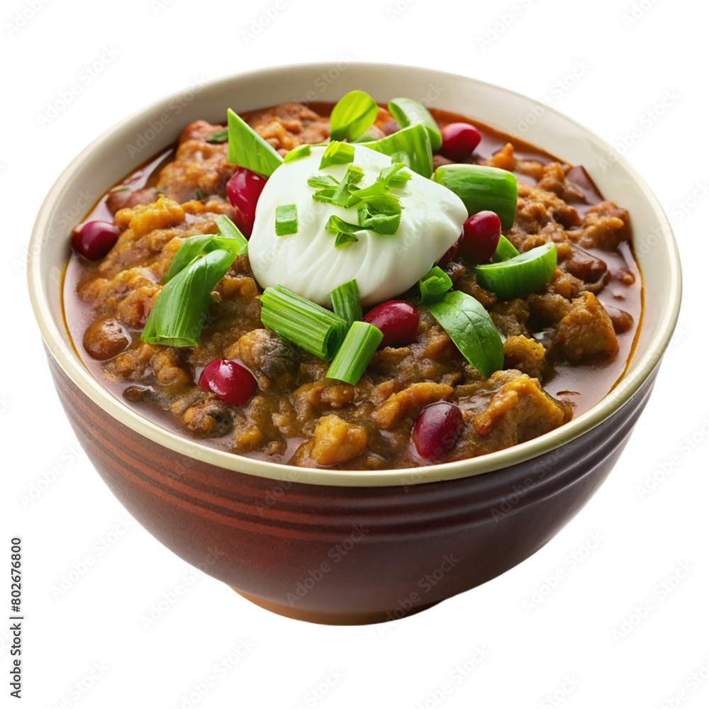 A bowl on hearty chili garnished with sour cream isolated on transparent background. A bowl on hearty chili garnished with sour cream isolated on transparent background.
