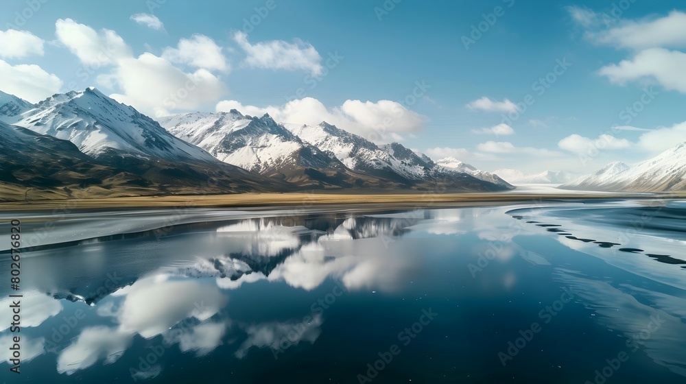 Tranquil Glacial Lake Mirroring the Majestic Snow Capped Mountains Above