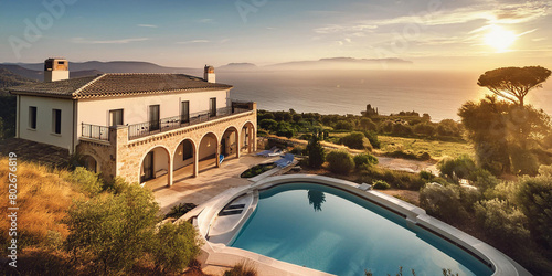 helle Villa Landhaus Urlaub Ferienhaus mit Pool vor mediterraner Küste im warmen Sonne Licht des Südens, Aufnahme von oben, Meer Ausblick Schönheit Griechenland Italien Spanien Frankreich photo