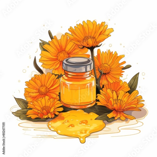 A jar of honey is surrounded by orange flowers photo