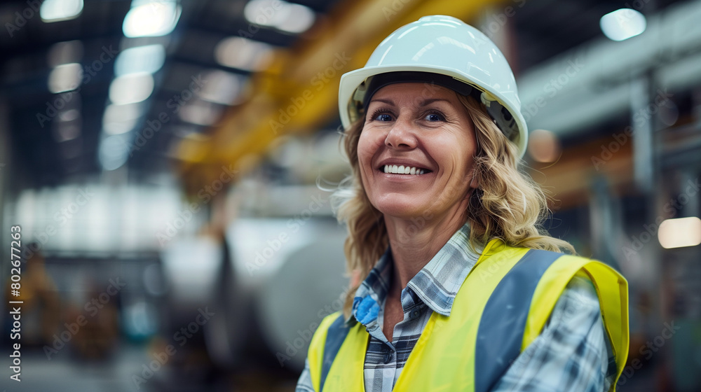 Smiling mature female engineer with hard hat in factory setting Smiling mature female engineer with hard hat in factory setting