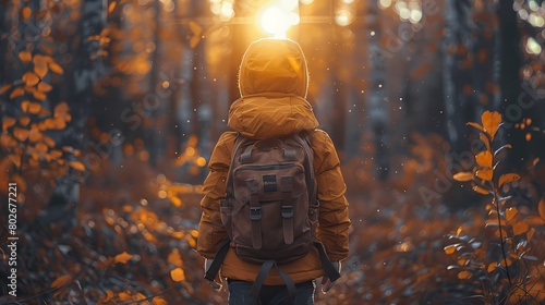 A young boy with a backpack, standing at the edge of a forest, ready to explore the unknown. photo