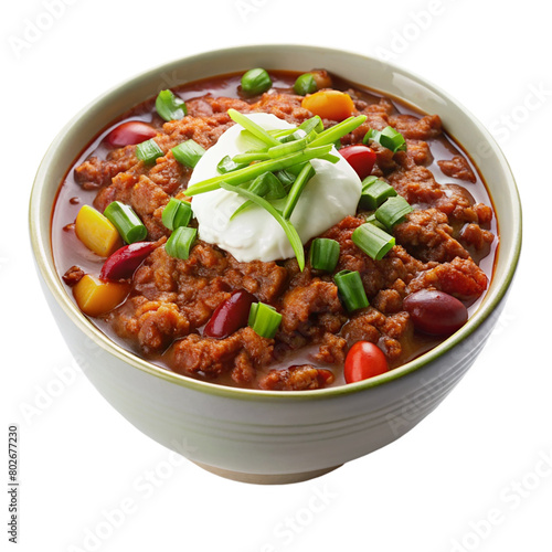 A bowl on hearty chili garnished with sour cream isolated on transparent background.