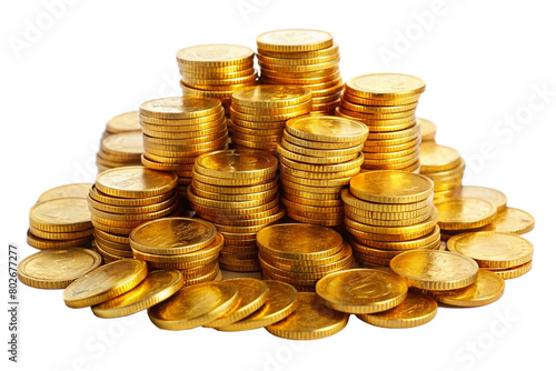 A lot of stacking gold coins, and treasure on transparent background.