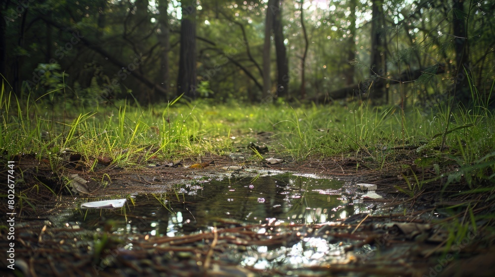 Fototapeta premium Rainy Forest Path: Reflective puddle, green surroundings, tranquility