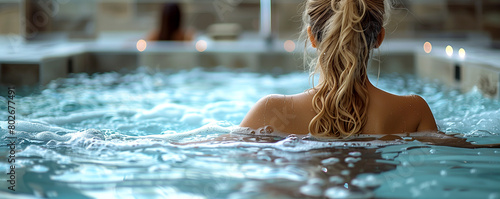 A woman is in a hot tub with her hair in a ponytail