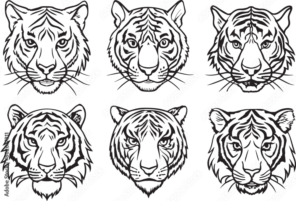 Tiger Head Set - Black and White Vector Illustration