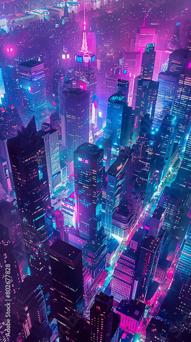 Vibrant  neon-lit cityscape captured from a high-rise building  showcasing the hustle and bustle of urban life below
